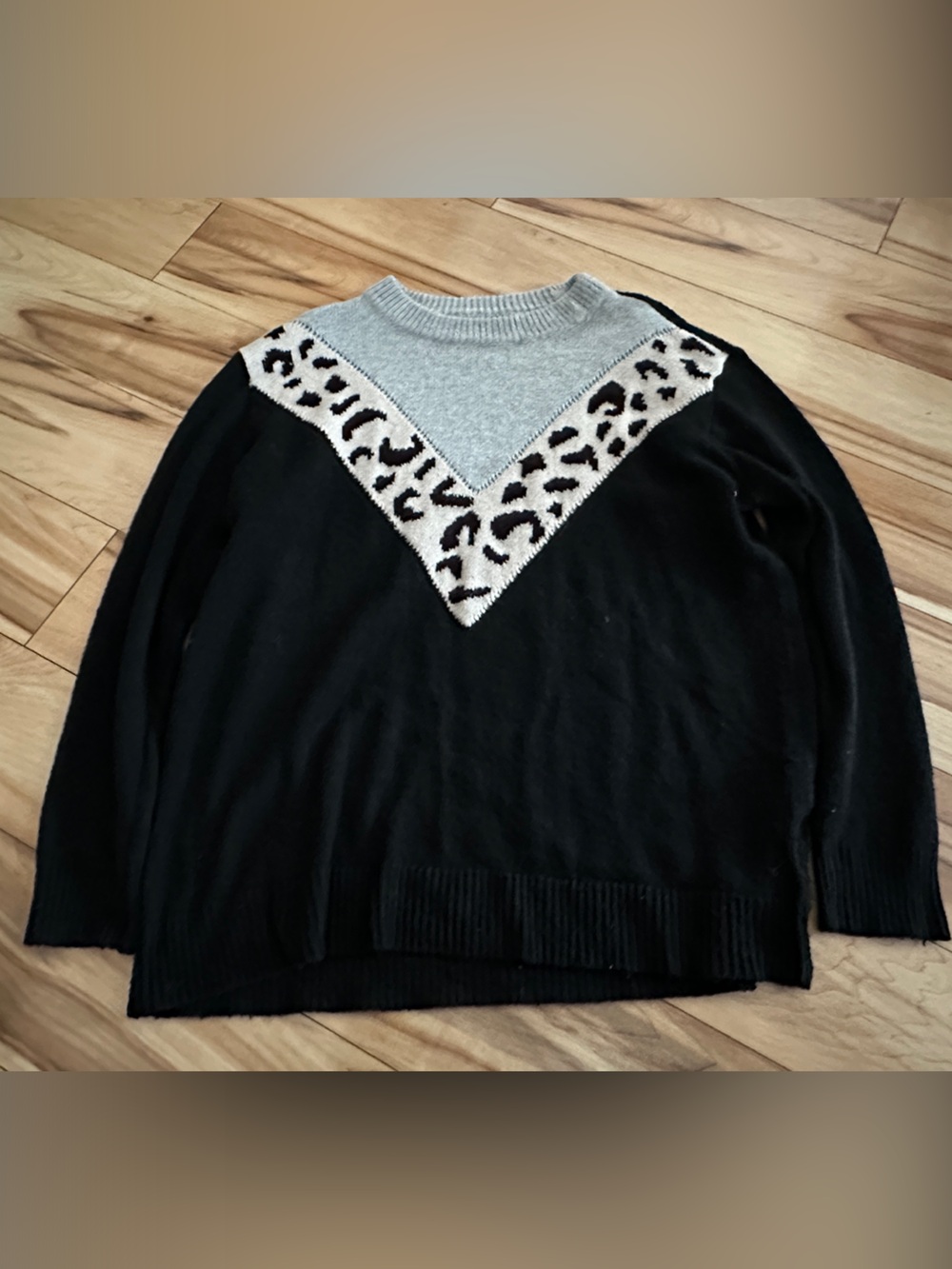 Staccato Black Sweater with Gray and Cream Leopard Accent